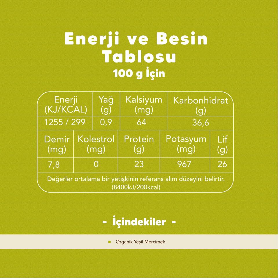 Organik Yeşil Mercimek 1000 gr