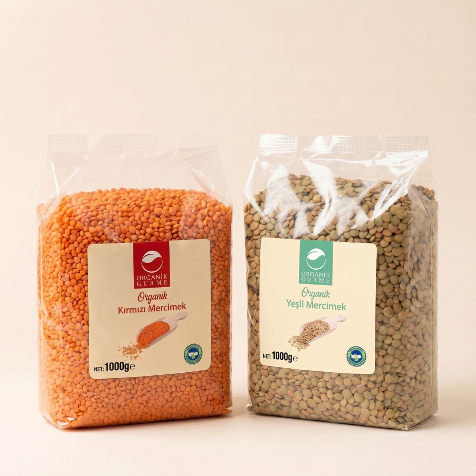 Organik Kırmızı Mercimek 1000gr - Yeşil Mercimek 1000gr